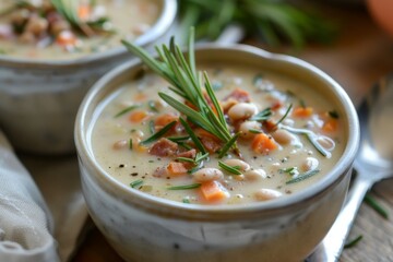 Cannellini bean soup with vegetables rosemary and pancetta - obrazy, fototapety, plakaty