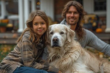 a man and a girl are sitting on a porch with a dog