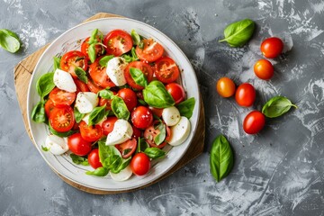 Caprese salad with cherry tomatoes mozzarella and basil on white plate