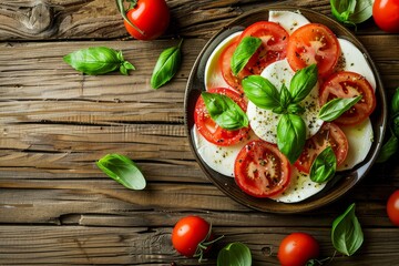Caprese salad with mozzarella tomatoes basil on wooden background Top view free text space