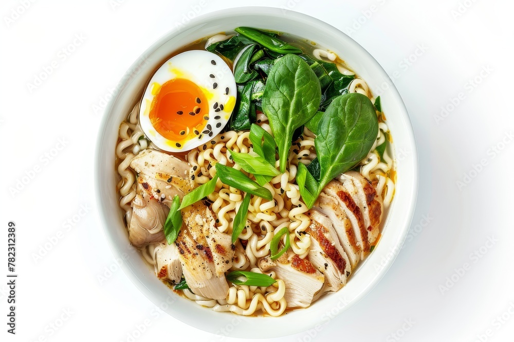 Poster chicken ramen with noodles spinach and soft egg on white backdrop