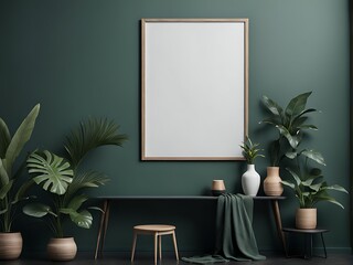 Mockup poster frame in minimalist interior background with dark green wall.