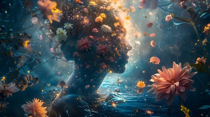 Fototapeta na wymiar Surreal Dreamscape of Blooming Flowers and Flowing Water Enveloping a Single Ethereal Figure in a Profound Connection with Nature