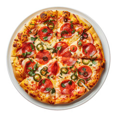 A pizza with pepperoni, jalapenos, and toppings