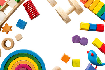 White background with colorful wooden toys