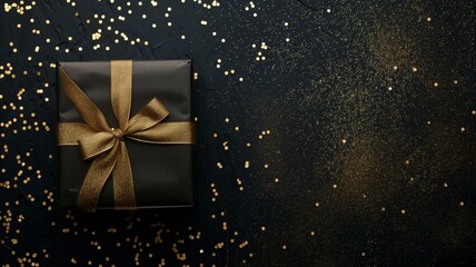 Black gift box isolated on black bokeh background. Black Friday gift box. Black Friday Sale or Happy Birthday banner. Gift box, wrapped with gold ribbon with a bow on glitter background, copy space