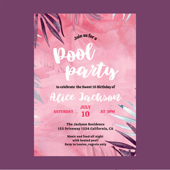 Palm Watercolor Pool Party Invitation