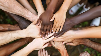 Many hands of different races and ethnicities. United for equality: Diverse youth fighting against discrimination