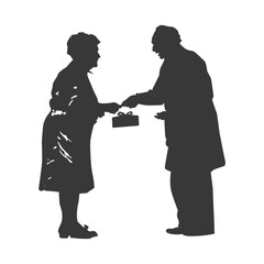 Silhouette elderly couple exchanging gifts black color only