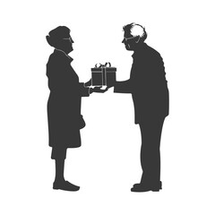 Silhouette elderly couple exchanging gifts black color only