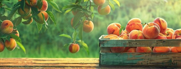ripe peaches arranged in a wooden crate on a garden table, embodying the essence of summer's fruitfulness in a vibrant close-up.