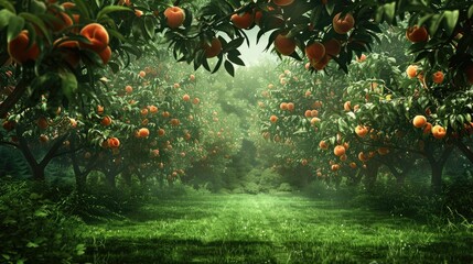 a verdant peach orchard teeming with ripe fruits ready for picking or indulging, promising a delightful experience amidst nature's bounty. - obrazy, fototapety, plakaty