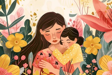 A heartwarming illustration of a mother and child in a tender embrace, surrounded by lush florals. Ideal for Mother's Day, family themes, and children's book illustrations, with copy space.