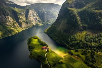 A breathtaking view of a Norwegian fjord with a solitary farmhouse, perfect for showcasing nature's beauty and tranquil living. Great for travel and geography uses with copy space.