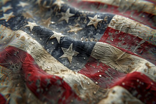 Macro shot of a weathered American flag, highlighting the stars and stripes with a focus on texture. Ideal for patriotic backgrounds or design elements. Copy space available.