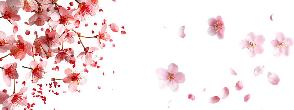 Two images side by side, one with cherry blossom petals falling and the other with scattered pink flowers on a white background