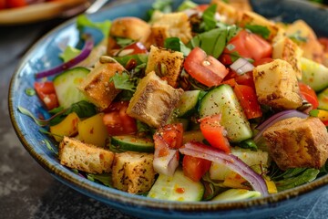 Close up image of Fattoush salad in a blue plate with vegetables crispy flatbread and dressing