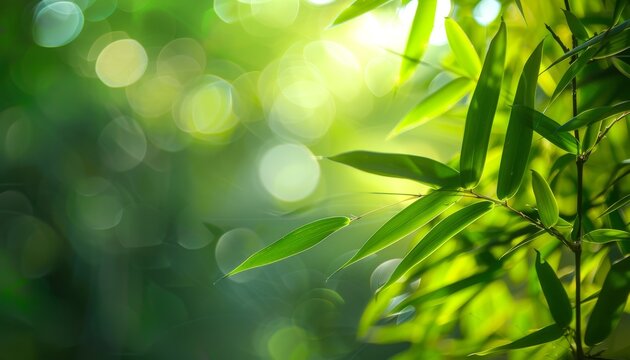 Close up macro of a beautiful bamboo leaf on a blurred green background