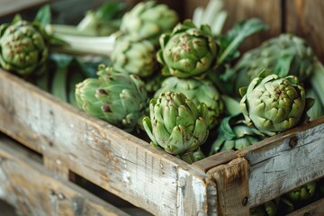 Fototapeta premium Close up of artichokes in wood box