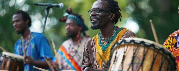 African drumbs festival with african people wear in color typical clothes . - obrazy, fototapety, plakaty