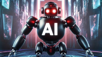  AI robot with glowing red eyes in a neon-lit futuristic city - obrazy, fototapety, plakaty