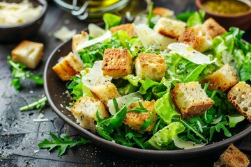 Tasty caesar salad with parmesan homemade croutons and dressing - obrazy, fototapety, plakaty