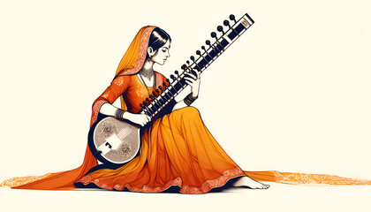 Artistic Illustration: Woman in Traditional Indian Attire Playing Sitar, Elegant Woman in Indian Attire: Artistic Sitar Illustration, Traditional Indian Attire: Elegant Woman Playing Sitar Illustratio