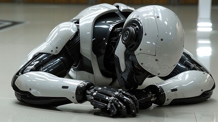 A robot in a human pose showcasing technology - obrazy, fototapety, plakaty