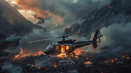 burning helicopter crashed in a green valley. plane crash - Powered by Adobe