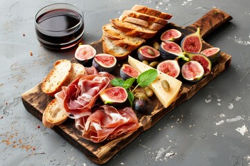 Tasty wine snacks prosciutto figs bread cheese on rustic wood board Gray background top view