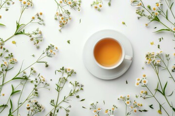 Top view of a cup of herbal tea on a white background with a creative layout - obrazy, fototapety, plakaty