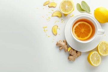 Top view of a cup of tea with ginger and lemon on a white background arranged creatively