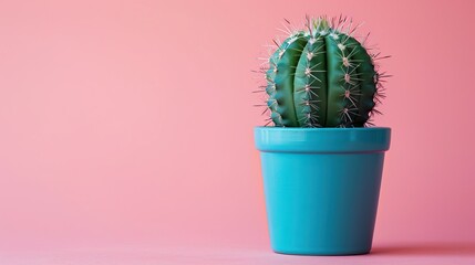Blue Flower Pot with Large Cactus on Pink Background - Isolated Plant