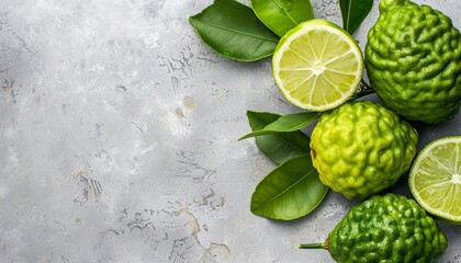 Top view of a light background with bergamot citrus suitable for text placement for a menu or recipe banner
