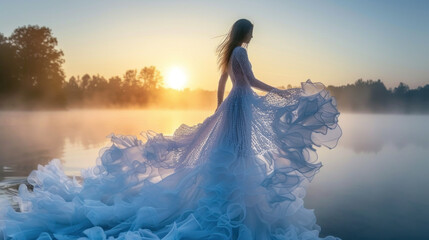 Fototapeta na wymiar Beautiful goddess or nymph in intricate blue dress made of splashes walks on lake