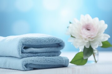 Fototapeta na wymiar Spa concept - stacked soft blue towels with white flowers