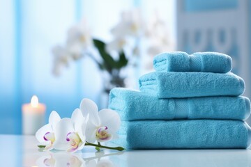 Stack of soft blue towels with fresh orchids