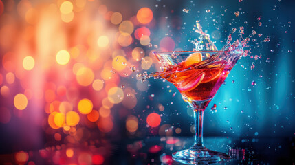 Cocktail in Martini glass with splash, frozen motion effect, on colorful bright bokeh background - obrazy, fototapety, plakaty