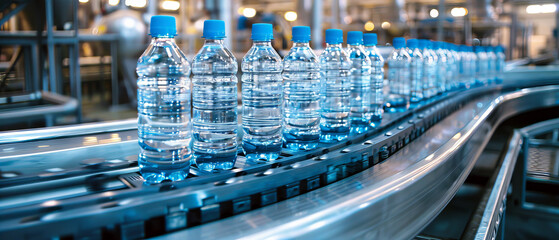 Automated machine for production clear plastic bottle with mineral water. - obrazy, fototapety, plakaty