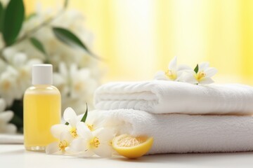Fototapeta na wymiar Stack of soft yellow towels, body lotion, and a vibrant yellow tropical flower - spa concept