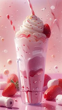 Strawberry milkshake in a tall glass topped with whipped cream and a cherry, surrounded by fresh strawberries and splashes on a pink background, vertical video