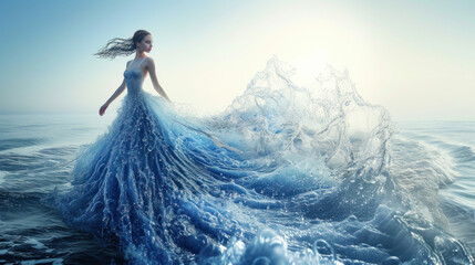 Fototapeta premium Goddess of fairy in magical glittering blue dress walks on water