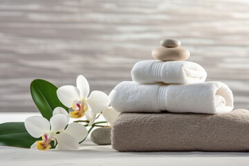 Spa composition with soft towels and a beautiful flower