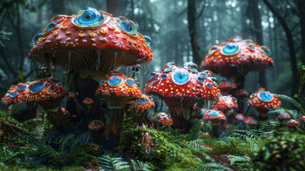 Surreal fly agaric mushrooms with blue eyes, delusion, psychosis concept - obrazy, fototapety, plakaty