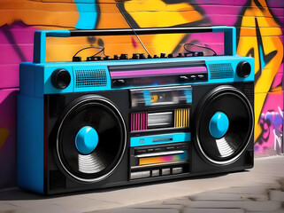 Boombox radio cassette tape recorder in front of graffiti wall art