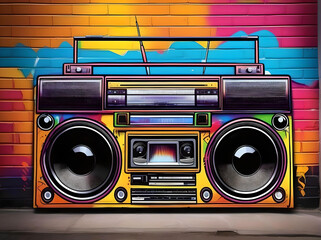 Boombox radio cassette tape recorder in front of graffiti wall art