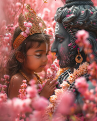 girl in a luxury Bali costume next to an adult Lord Shiva in a fluorescent pink cotton field