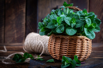 Mint. Bunch of fresh green organic mint leaf on wooden table closeup. Peppermint in small basket on...