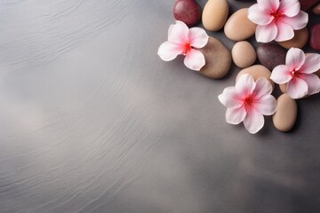 Top view of white flowers with smooth pebbles. Copy space, spa concept