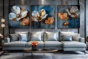 3 panel wall art, marble background flowers designs, wall decoration